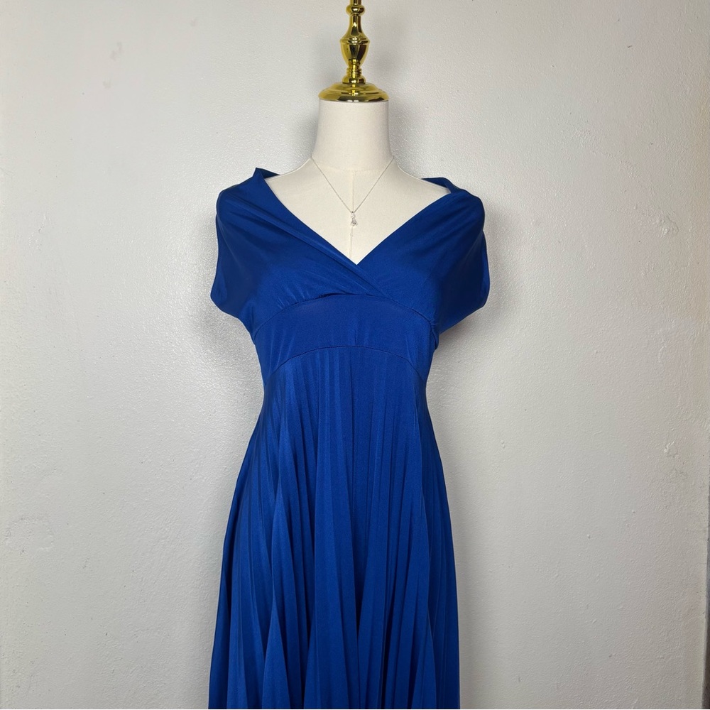 y2k flowy royal‎ blue midi pleated dress short sleeve ruffles classy timeless